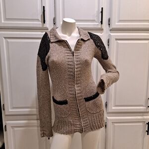 BKE Tan and Black Women's Zippered Front Cardigan W/Sequin Accents & Pockets